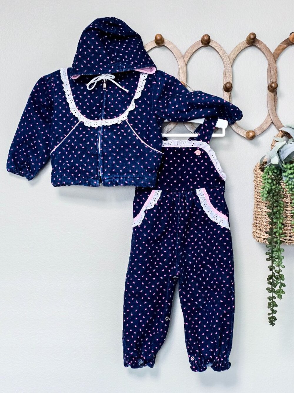 Vintage A Tiny Tots Original 2T Denim Rosebud Overall Set w/ Hooded Jacket